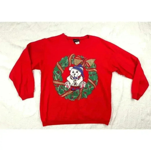 VTG Christmas Bear Retro Pullover Sweatshirt MEDIUM Women's Andover Long Sleeve - Picture 14 of 14